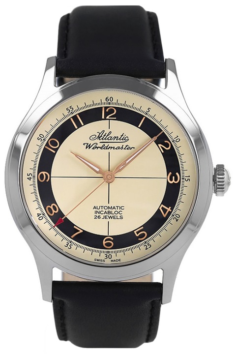 Мъжки часовник Atlantic, кожена каишка, черно/бежово