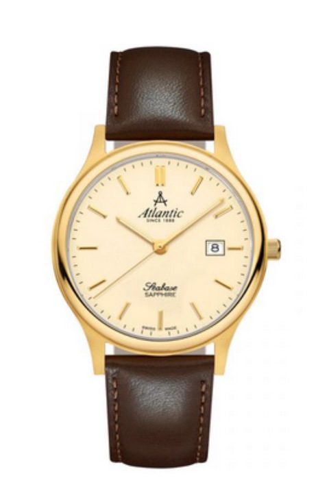 Мъжки часовник Atlantic, Кожена каишка, Кафяв / Златист