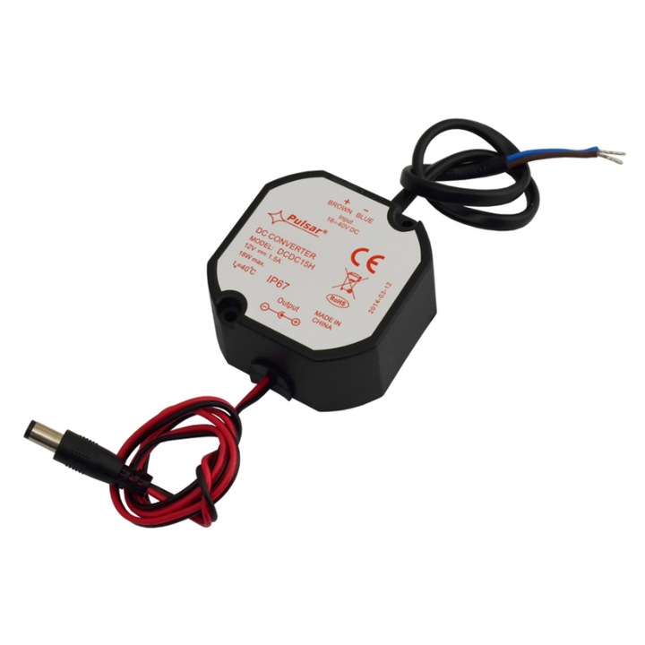 Szabályozó, Pulsar, Műanyag, DCDC15H, IP67, 12 VDC/18-40 VDC, Fekete