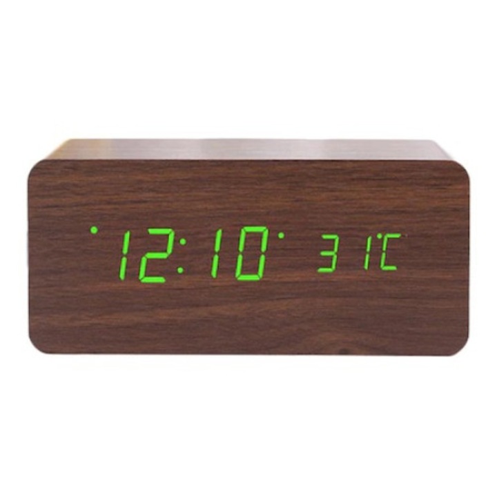 OEM elektronikus asztali óra, zöld LED-del, hőmérő, riasztó, hangvezérlés, 3 fényszint, 15x7x4 cm, barna