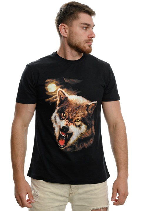 Мъжка тениска Printex, Вълк, Зъбат вълк, Луна, Серия вълци, Дигитален печат, Черна