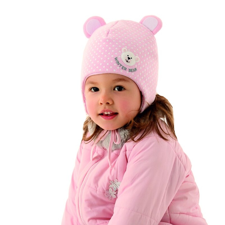 Caciula iarna, 50% bumbac, Winter Bear, roz