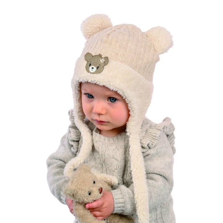 Caciula iarna cu blana, 48% acril, Teddy Bear, crem 42 cm