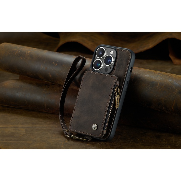Tok iPhone 14 Pro-hoz, CaseMe, bársonyos texturált bőr, hátlap, kártyanyílás, cipzáras zseb, kivehető pánt, RFID védelem, Maro coffee