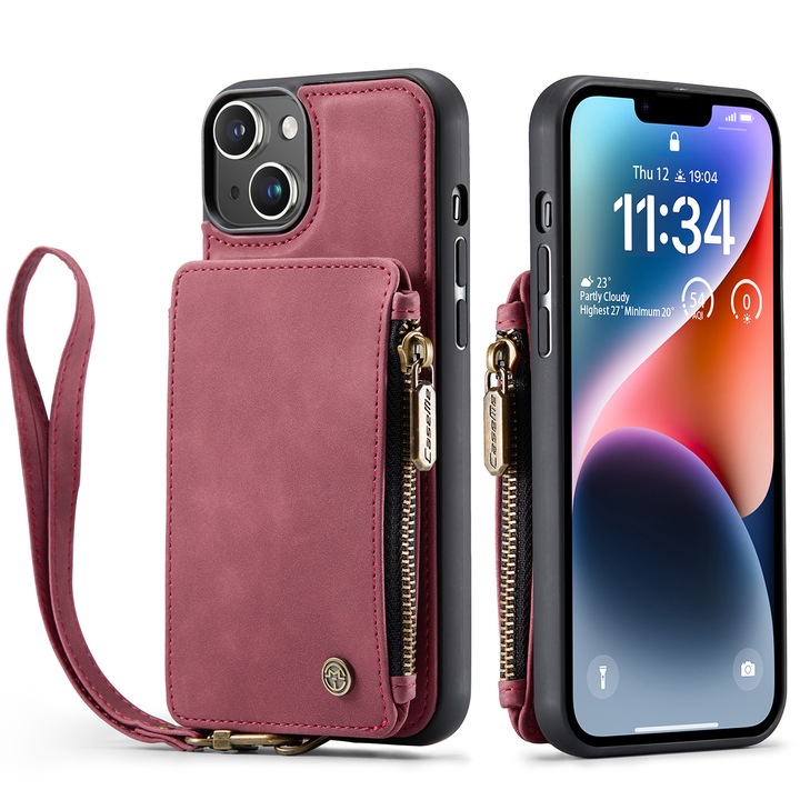 Калъф за iPhone 14 Plus, кожа с кадифена текстура, back cover, отделение за карти, джоб с цип, отделяща се каишка, RFID защита, червен