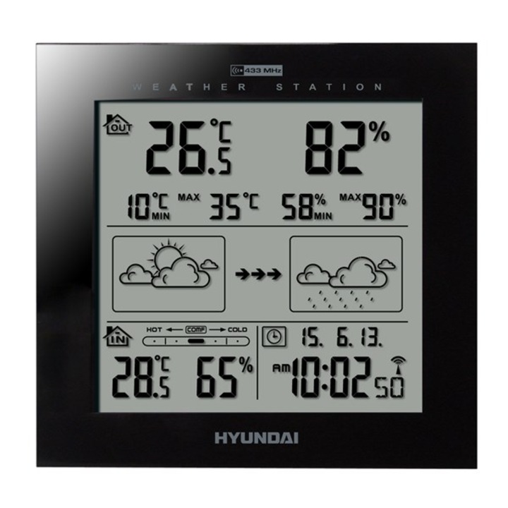 Statie meteo, Hyundai, WS2244B, ecran LCD, temperatura, umiditate, meteo, ceas, Negru