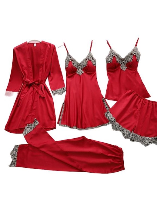 5 db-os női pizsama garnitúra, szatén, Piros