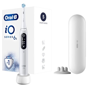 Periuta de dinti electrica Oral-B iO6 Series cu tehnologie magnetica si micro-vibratii, inteligenta artificiala, display led interactiv, senzor de presiune smart, timer vizibil, 5 moduri, 1 capat, trusa de calatorie, alb