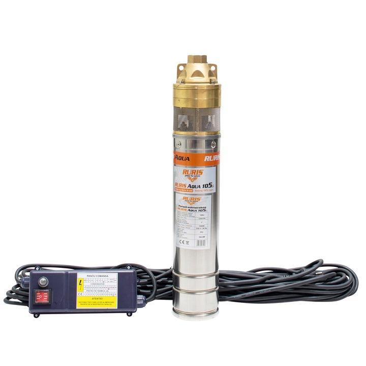 Потопяема помпа за чиста вода Ruris Aqua 105, 1500 W, Максимален дебит 2.6 м3/ч, Височина на заустване 140 м, Дълбочина на засмукване 15 м, Максимална температура 35°C, Дължина на кабела 30 м