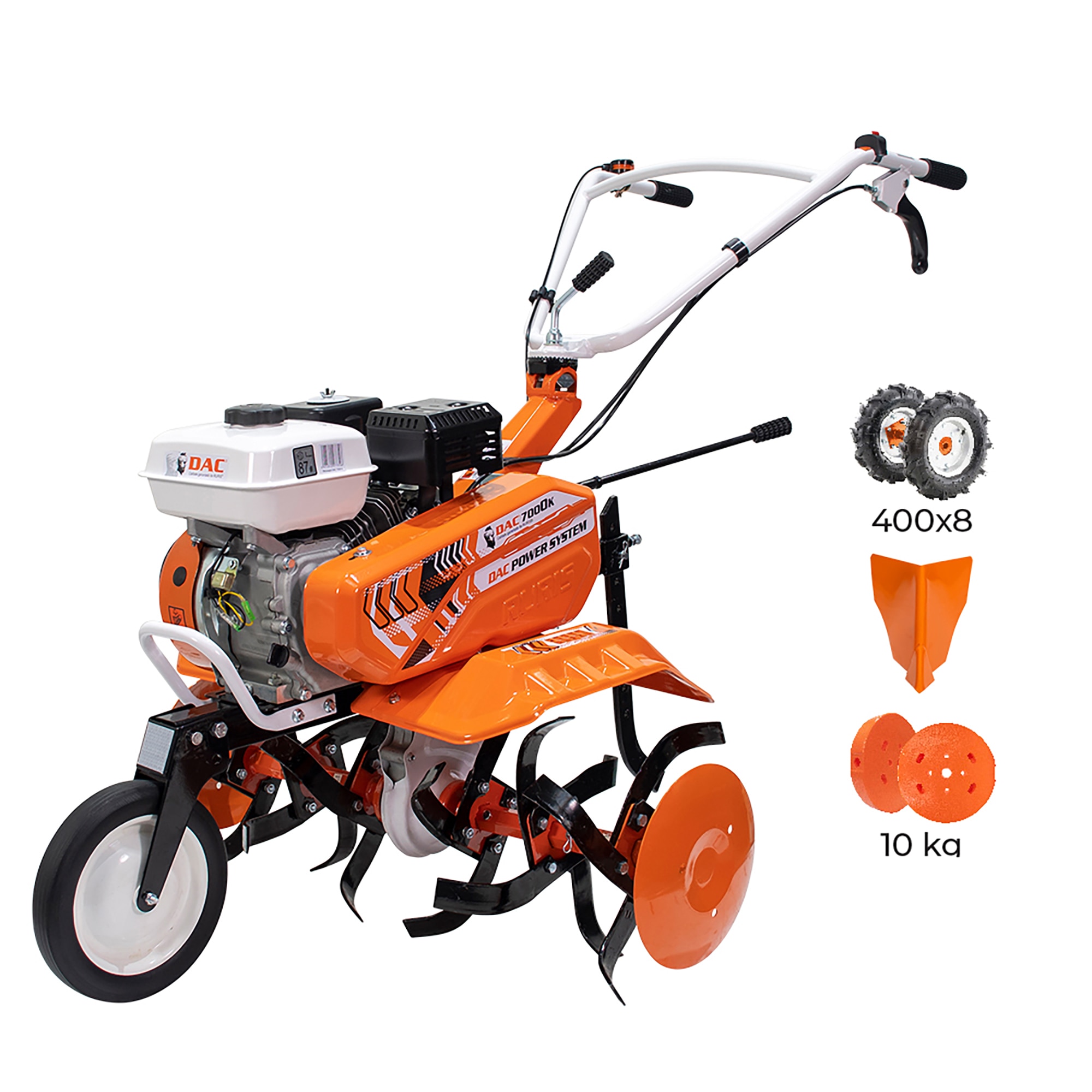 Motosapa pe benzina Ruris DAC 7000K, putere 7 CP, 208 CC, 4 timpi, 2+1 viteze, 56-83 cm latime lucru, 29 cm adancime lucru, contine: freze+roti cauciuc+rarita
