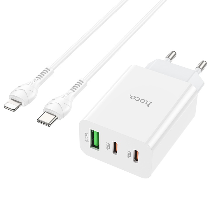 Set Incarcator Retea si Cablu USB-C Fast Charge, Adaptor Priza Universal cu 3 Porturi, 1 x USB, 2 x Type-C, USB-C, 20W, Cablu 1m, Compatibil Iphone, Alb