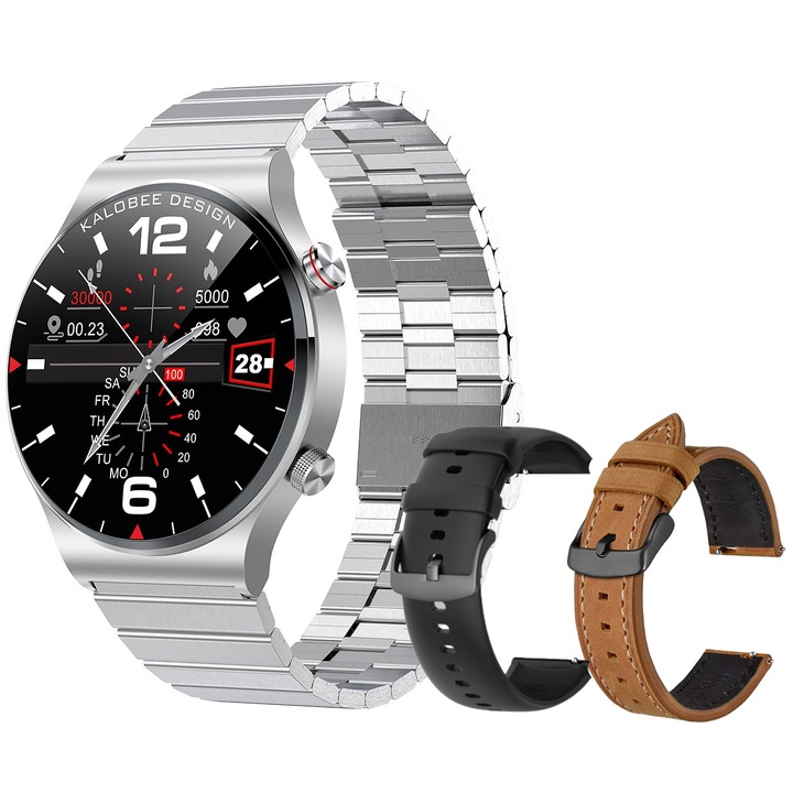 Smartwatch DT™ WATCH3 PRO MAX Bluetooth HD Call, 1,45" AssistiveTouch Control, AI Voice Assistant, NFC контрол на достъпа, безжично зареждане, спортни режими, сърдечен ритъм/SpO2/сън, 3 метални/кожени/силиконови каишки, Trophy Silver