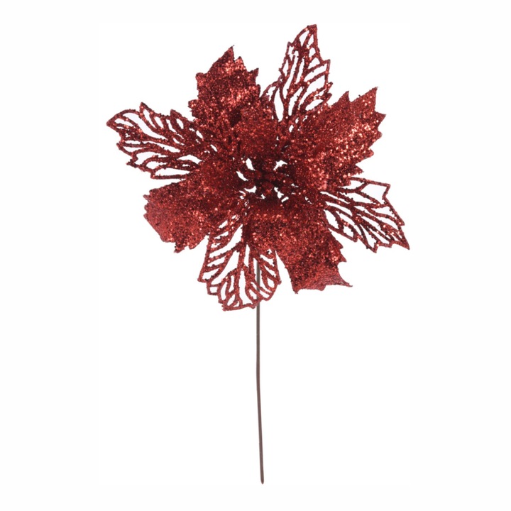Коледна украса за елха, бордо червено цвете с блясък, 21 см