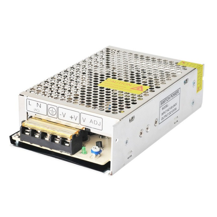 Sursa de alimentare pentru camere supraveghere, PowerTech, HT-120W, 12V, 10A, 120W, Impermeabila, Argintiu