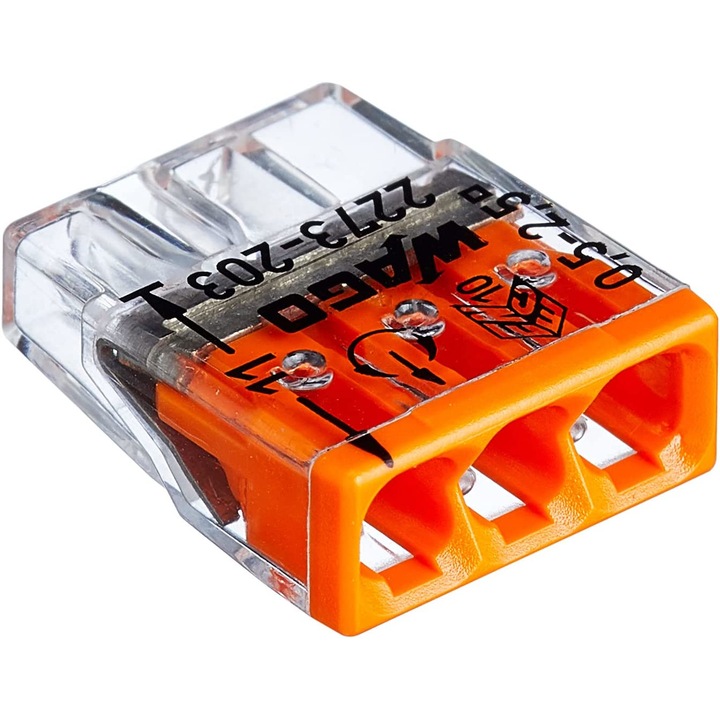 Комплект 100 3-полюсни клеми Wago 0,5-2,5 mm², за едножични проводници, 450V 24 A, прозрачни / оранжеви