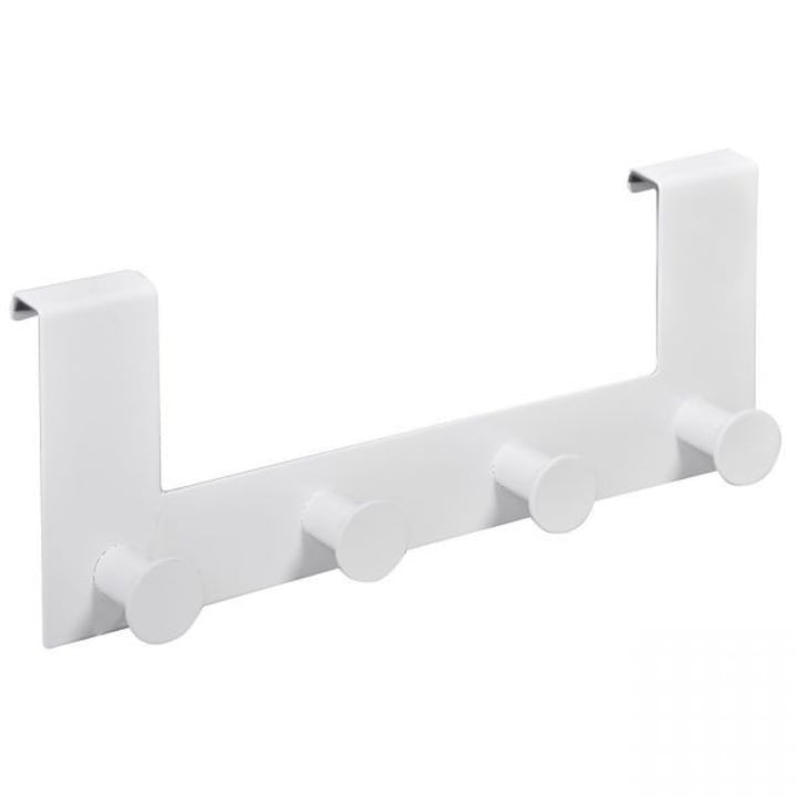 Метална закачалка с 4 кукички за закрепване към врата или шкаф, 27 x 11 x 4 см, бяла
