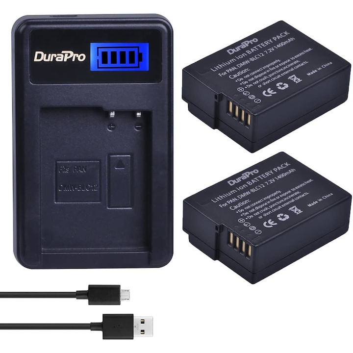 Durapro DMW-BLC12 1400 mAh akkumulátor készlet töltővel LCD kijelzővel Panasonic Lumix FZ1000, FZ200, FZ300, FZ330, FZ300K, G5, G6, G7 készülékekhez, 6db