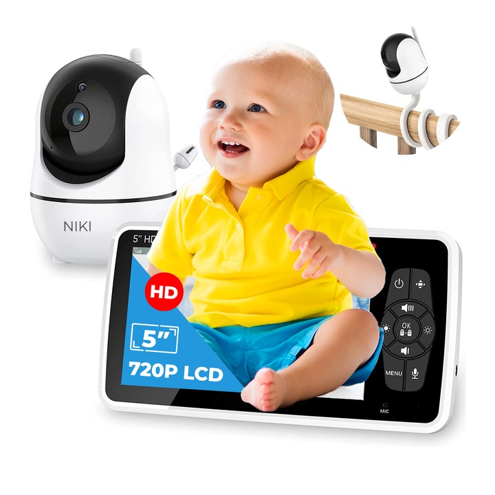 BabyMonitor Wireless cu Sunete Albe si Roz Pentru Supraveghere Audio-Video Bebelusi NIKI™ Smart50+, Ecran LCD XXL 5" HD 720p, Rotire 355° Panoramic, Functie VOX, Mod Nocturn NightVision Automat, Temperatura Ambientala, Cantece de Leagan, Baterie 4000 mAh