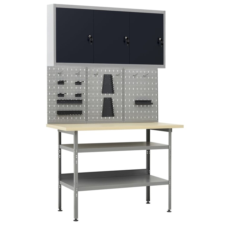 Работна маса с три стенни панела и един шкаф vidaXL, 120 x 60 x 85 см, Сив, 41.7 Kg