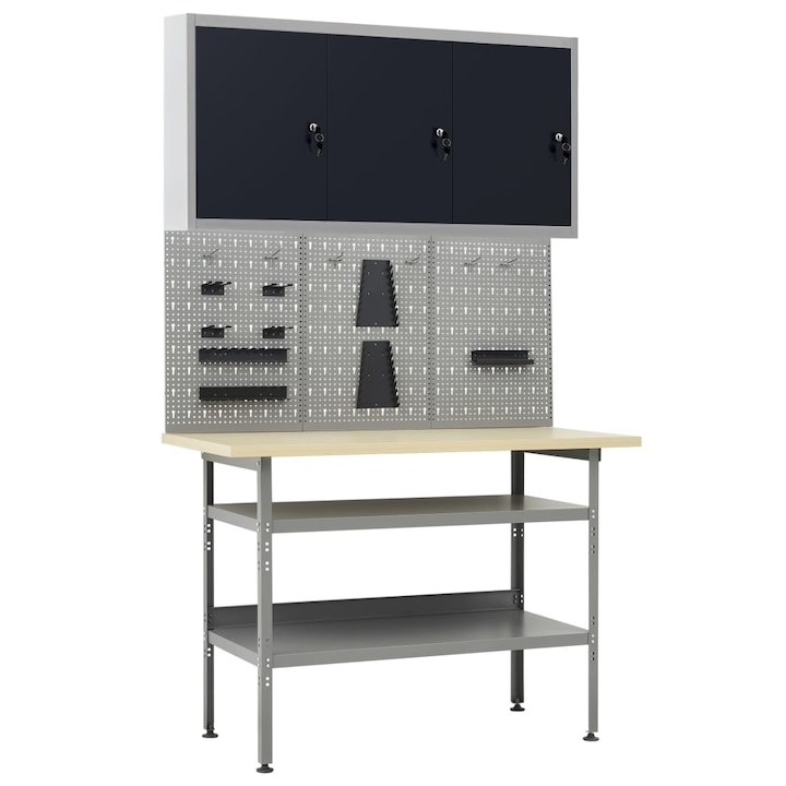 Работна маса с три стенни панела и един шкаф vidaXL, 120 x 60 x 85 см, Сив, 41.7 Kg