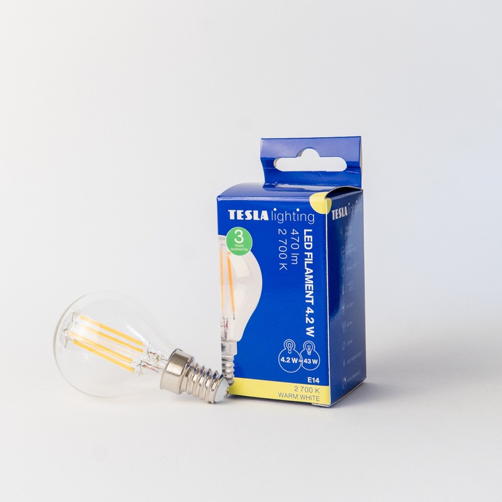 LED крушка Miniglob, TESLA осветление, 4.2 W, 230V, 470 lm, топла светлина 2700K, 360º, еквивалент на крушка 40W