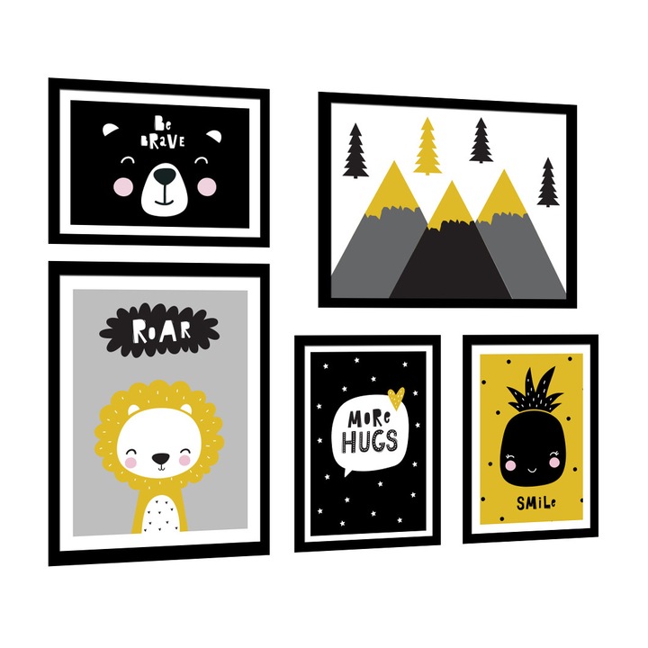 Set postere decorative cu rama, PoStar, KD13, 70x90 cm, MDF, Multicolor, 5 buc