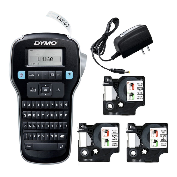 Start kit Dymo LabelManager 160 aparat etichetat cu 3 x Banda originala Dymo D1 12mm x 7m, negru/alb si 1 x Adaptor la retea, S0946320, S0720530