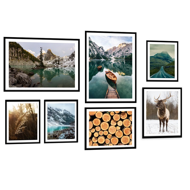 Set 7 postere cu rama, PoStar, KP154, MDF, Multicolor