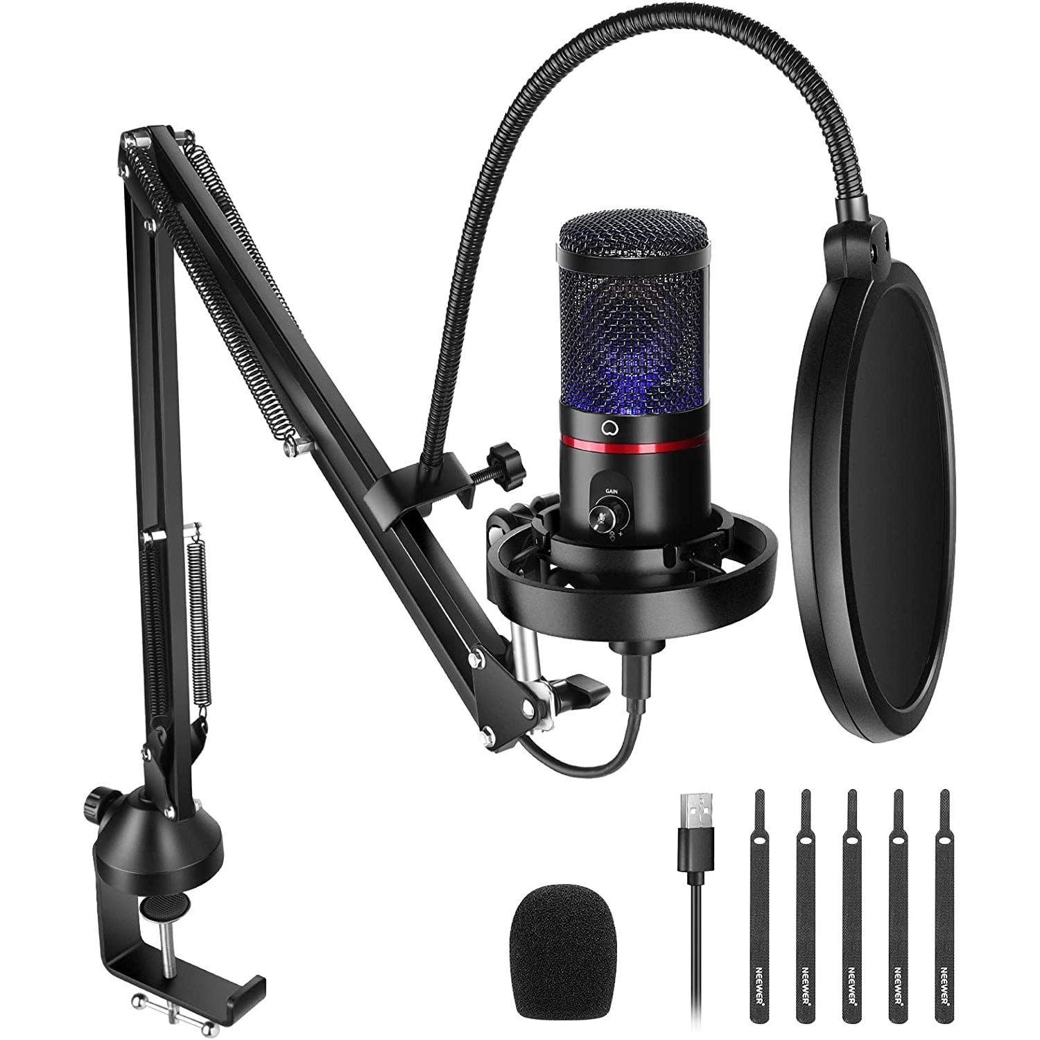 Clancy Mysterious Picasso Set microfon profesional gaming, cardioid, plug and play, buton mute si  gain control, LED, cu stand brat cu menghina si filtru pop, pentru PC,  streaming online, Twitch, Podcast, Neewer CM20 - eMAG.ro