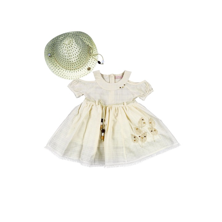 Set Fetite "Allegra" 2 Piese Rochie Si Palarie 100% Bumbac, Crem