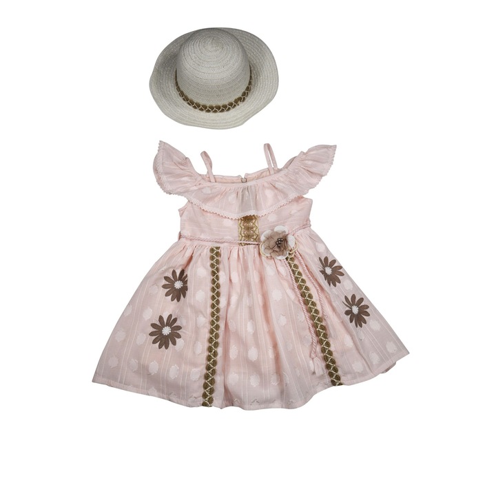 Set Elegant Fetite "Adele" 2 Piese Rochie Si Palarie 100% Bumbac, Roz