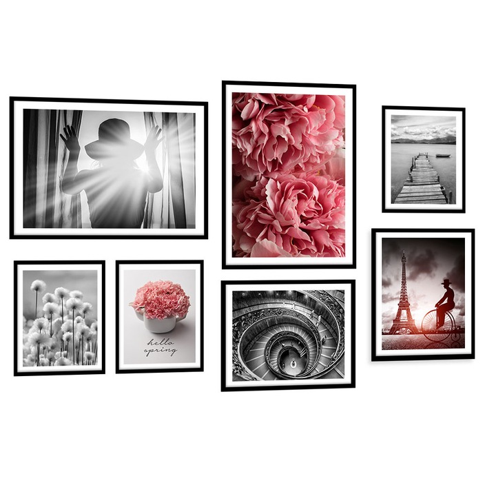 Set 7 postere cu rama, PoStar, KP144, MDF, Multicolor