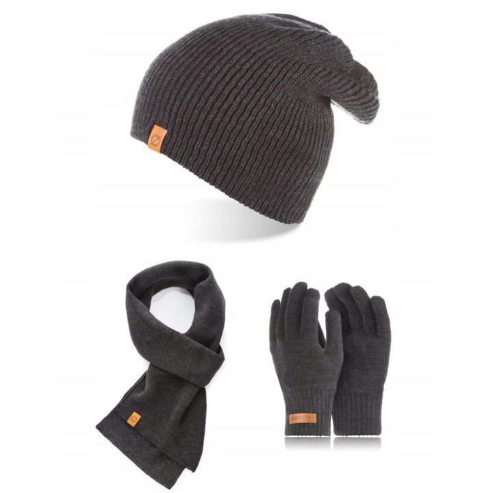 Set caciula cu fular si manusi barbati Brodrene, Acril, Gri inchis