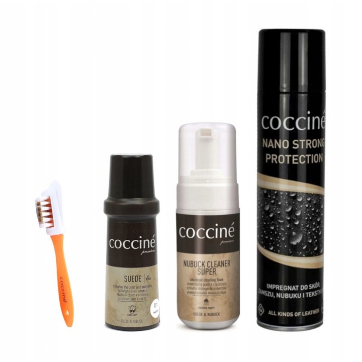 Set 4 in 1 ingrijire incaltaminte, Coccine, Pentru piele intoarsa si nabuc, Rosu