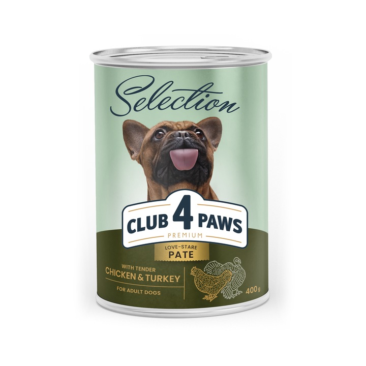 Hrana umeda completa Club 4 Paws Premium pentru caini adulti - Pate cu pui si curcan, 6x400 g