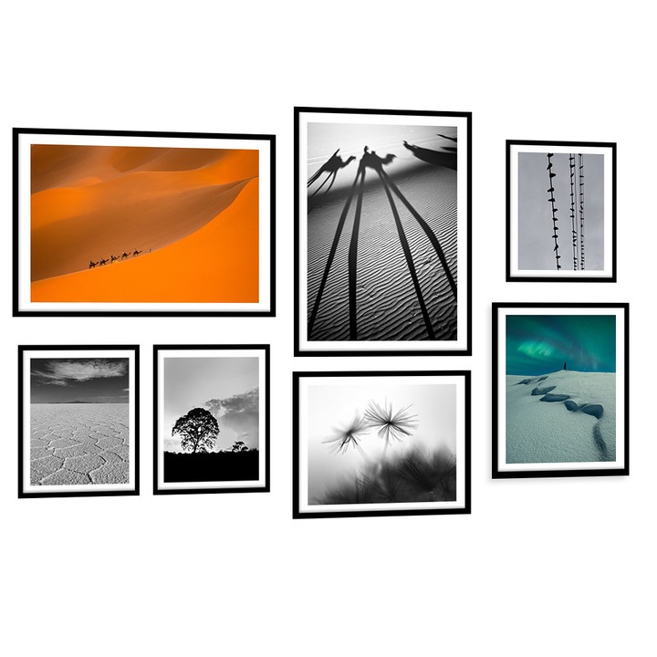 Set 7 postere cu rama, PoStar, KP153, MDF, Multicolor