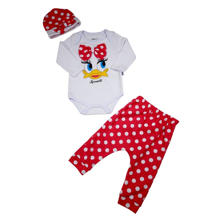 Set Bebelusi Fetite "Daisy Duck" 3 Piese Body Maneca Lunga,Pantaloni Lungi Si Caciulita 100% Bumbac, Fucsia