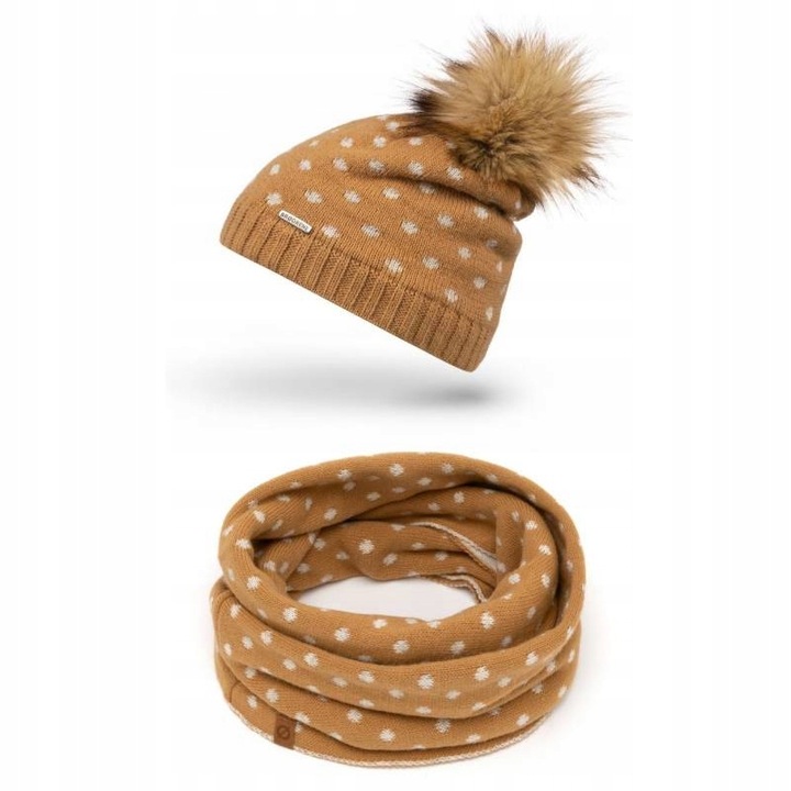 Set caciula cu ciucure si fular dama, Brodrene, Acril, Dimensiune universala, Maro deschis