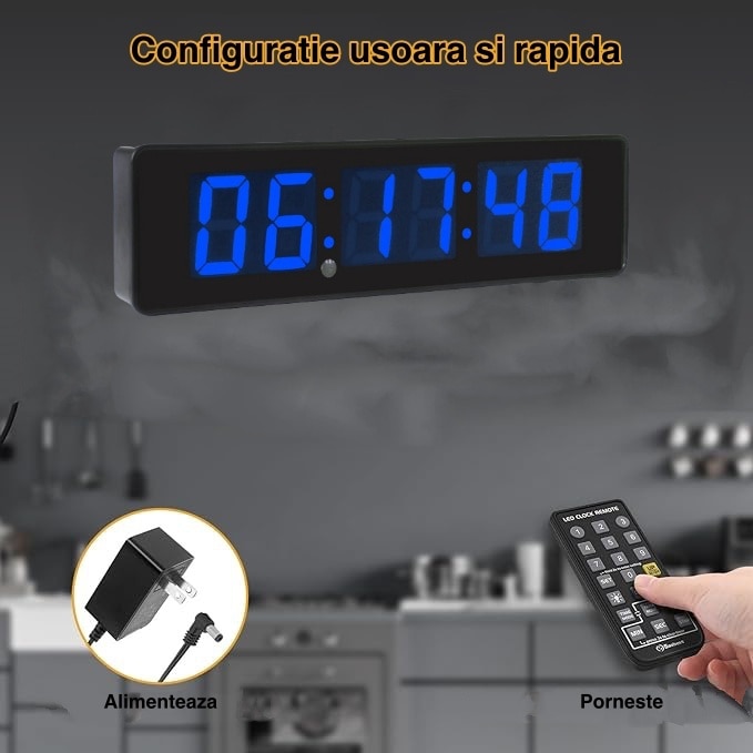 Ceas Timer Ceas Digital de Masa si Perete 34x9cm cu LED Albastru, Cronometru ...
