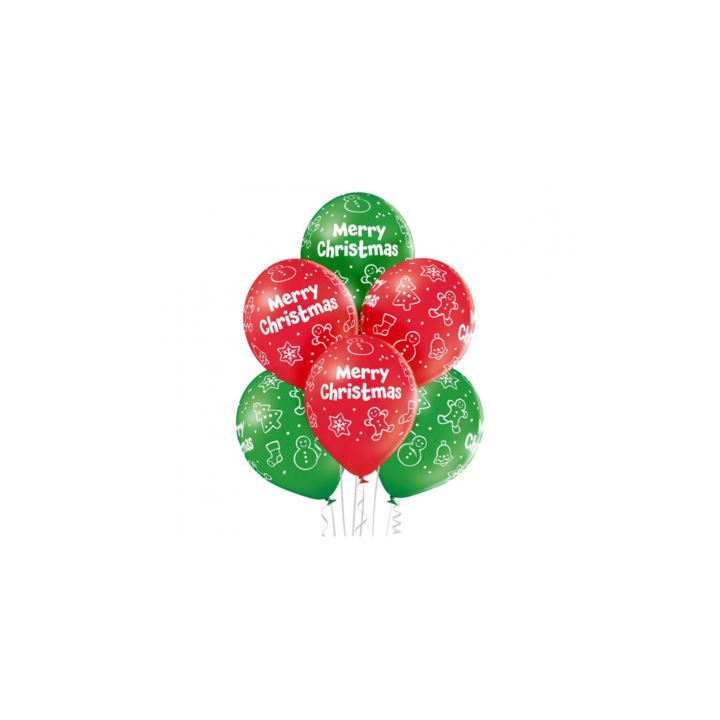 6 db piros-zöld Merry Christmas lufi készlet 30 cm