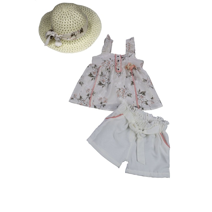 Compleu Fetite "Ines" 3 Piese Bluza Fara Maneci,Pantaloni Scurti SiPalarie, Crem