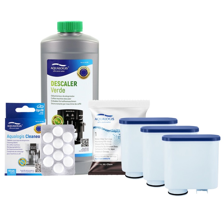 Kit de intretinere pentru espressor Philips/Saeco – 3 x Filtru apa Aqualogis AL-Clean, 10 x Tablete curatare Cleaneo, Solutie decalcifiere Verde 750 ml, compatibil AquaClean, protectie completa si gust optim al cafelei