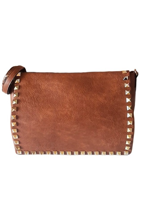 Női táska, Potri, barna, arany díszítéssel, vállpánttal, prémium ökológiai bőrrel, állatbarát, 40x12x26 cm