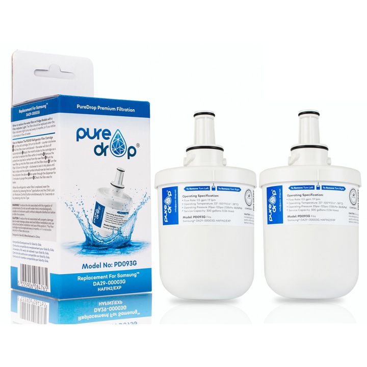 Set 2 filtre de apa PureDrop PD093G, alb, compatibile cu frigidere, capacitate mare de filtrare, reduc clorul si impuritatile, imbunatatesc gustul apei, usor de instalat