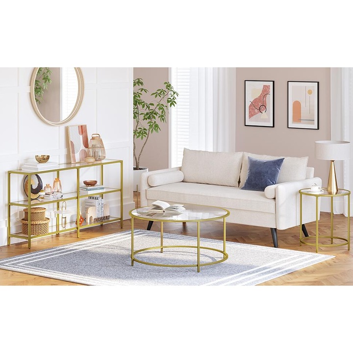 VASAGLE Masa de intrare, pe 3 nivele, blat din sticla securizata, cadru metalic, 30x130x73cm, auriu