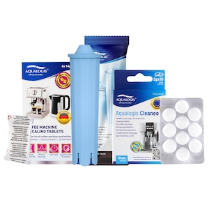 Kit de intretinere pentru espressor Jura – Aqualogis AL-Blue (filtru apa), 10 x tablete curatare Cleaneo, 6 x tablete decalcifiere, compatibilitate extinsa, curatare completa, protectie anti-calcar si mentinerea gustului optim al cafelei