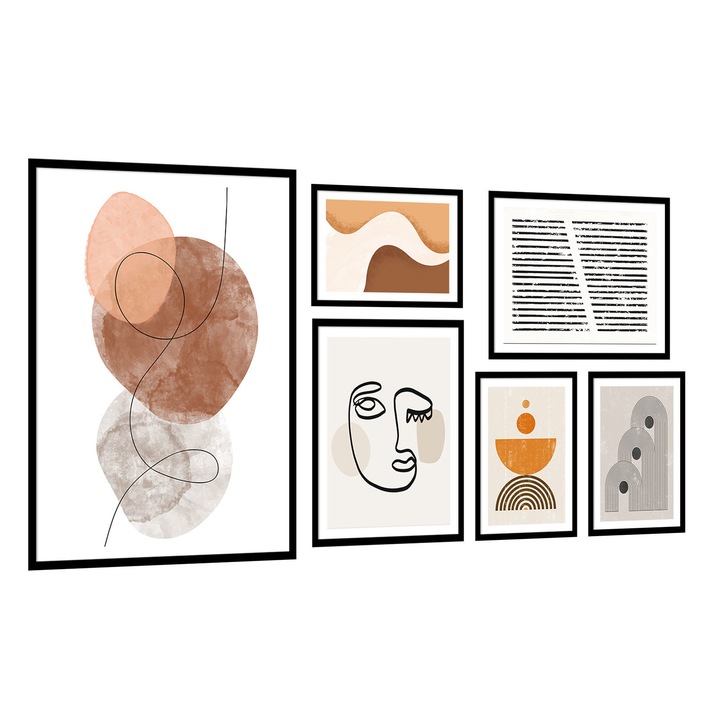 Set 6 postere cu rama, PoStar, KP183, MDF, Multicolor