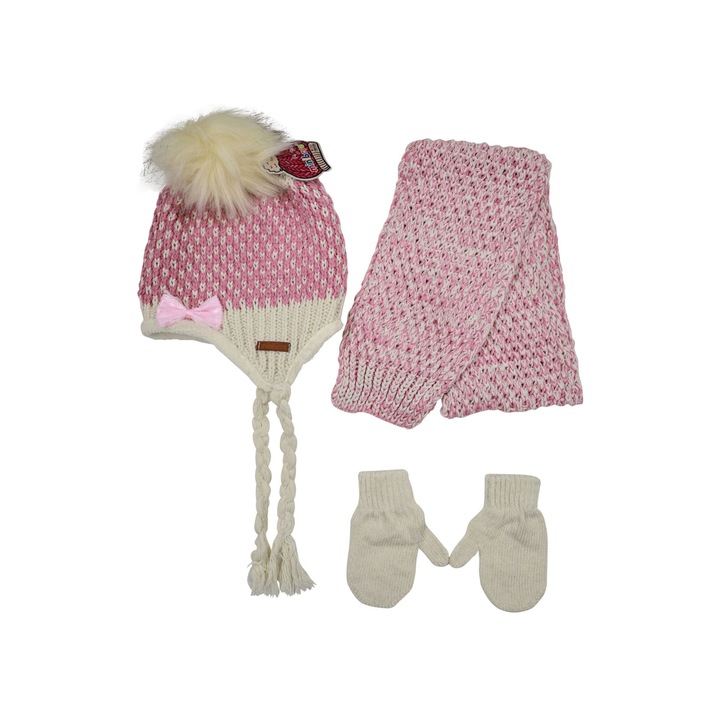 Set 3 Piese Caciulita, Fular Si Manusi Roz Fetite, 48-52cm CM, 2-4 Ani