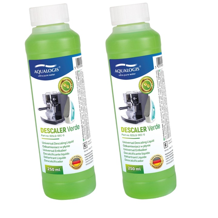 Set 2 sticle solutie decalcifiere pentru espressor, Aqualogis, Verde, Compatibilitate universala, 250 ml