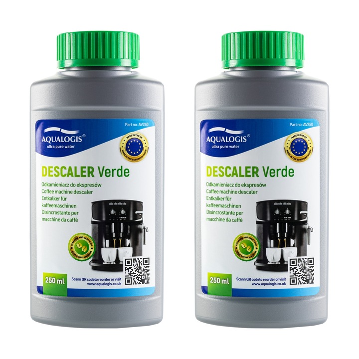 Set 2 sticle solutie decalcifiere Aqualogis Verde – 2x250ml, compatibilitate universala, pentru espressoare automate si aparate de cafea, formula ecologica, indeparteaza eficient calcarul